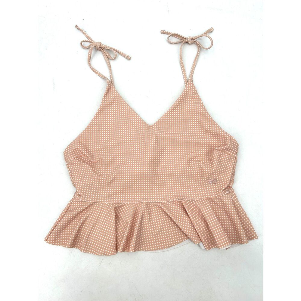 ALBION FIT Womens Tan Gingham Check Peplum Tie Strap Tankini Swim Suit Top Large